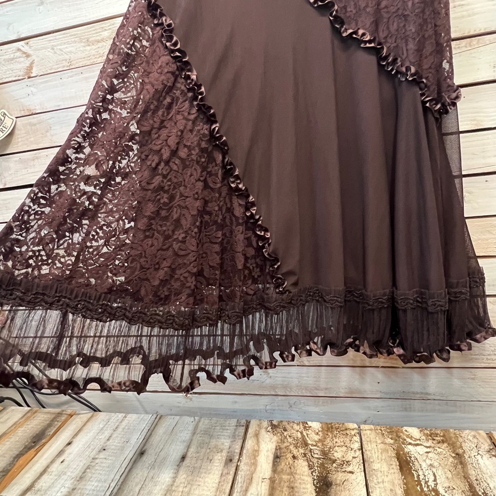 Vintage Boho Ruffle Sequin Embroidered Lace Mesh Midi Skirt Fairycore Y2K M - Picture 5 of 8